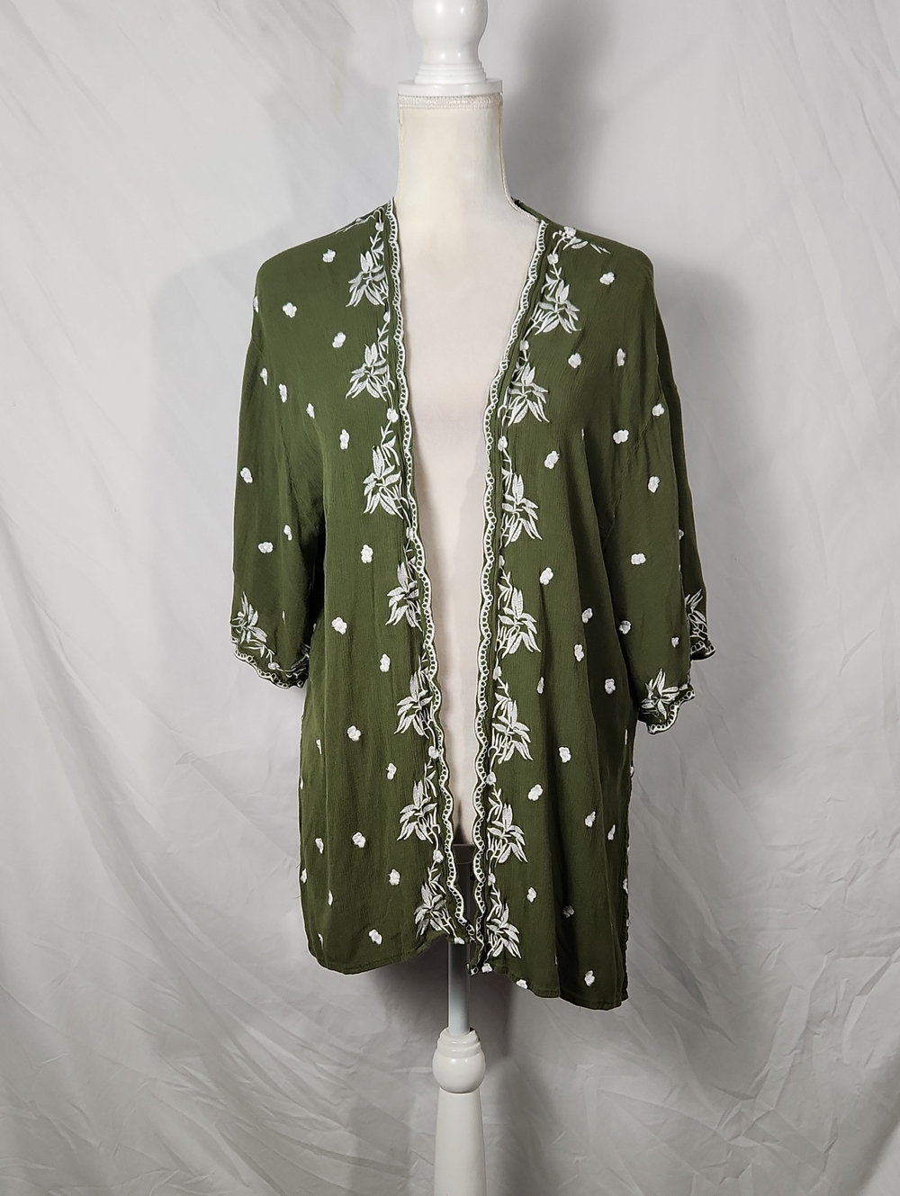 Blue Rain Olive Green Embroidered Open Kimono